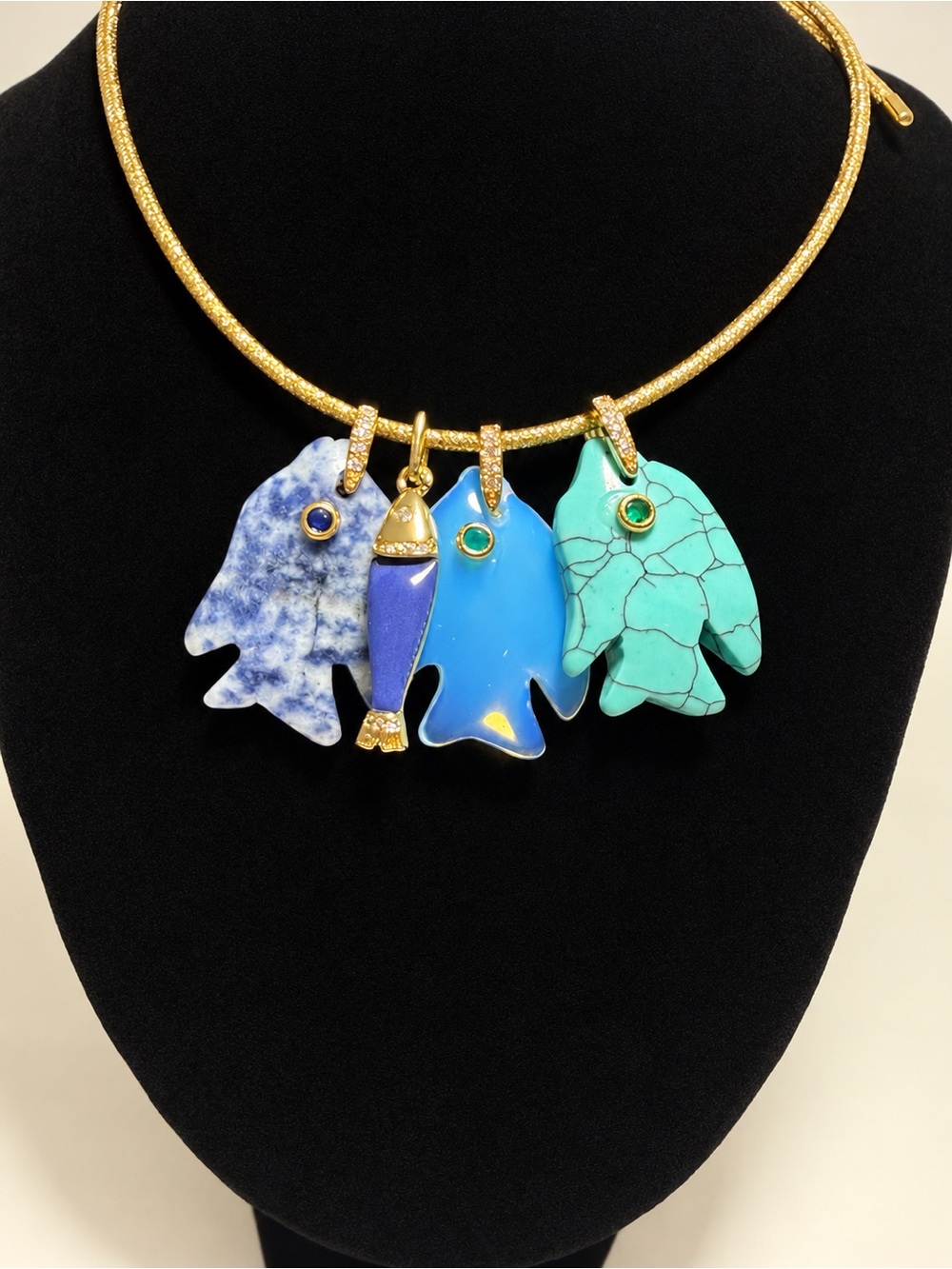 Gold Necklace with Blue, Turquoise & Lapis Fish Pendants